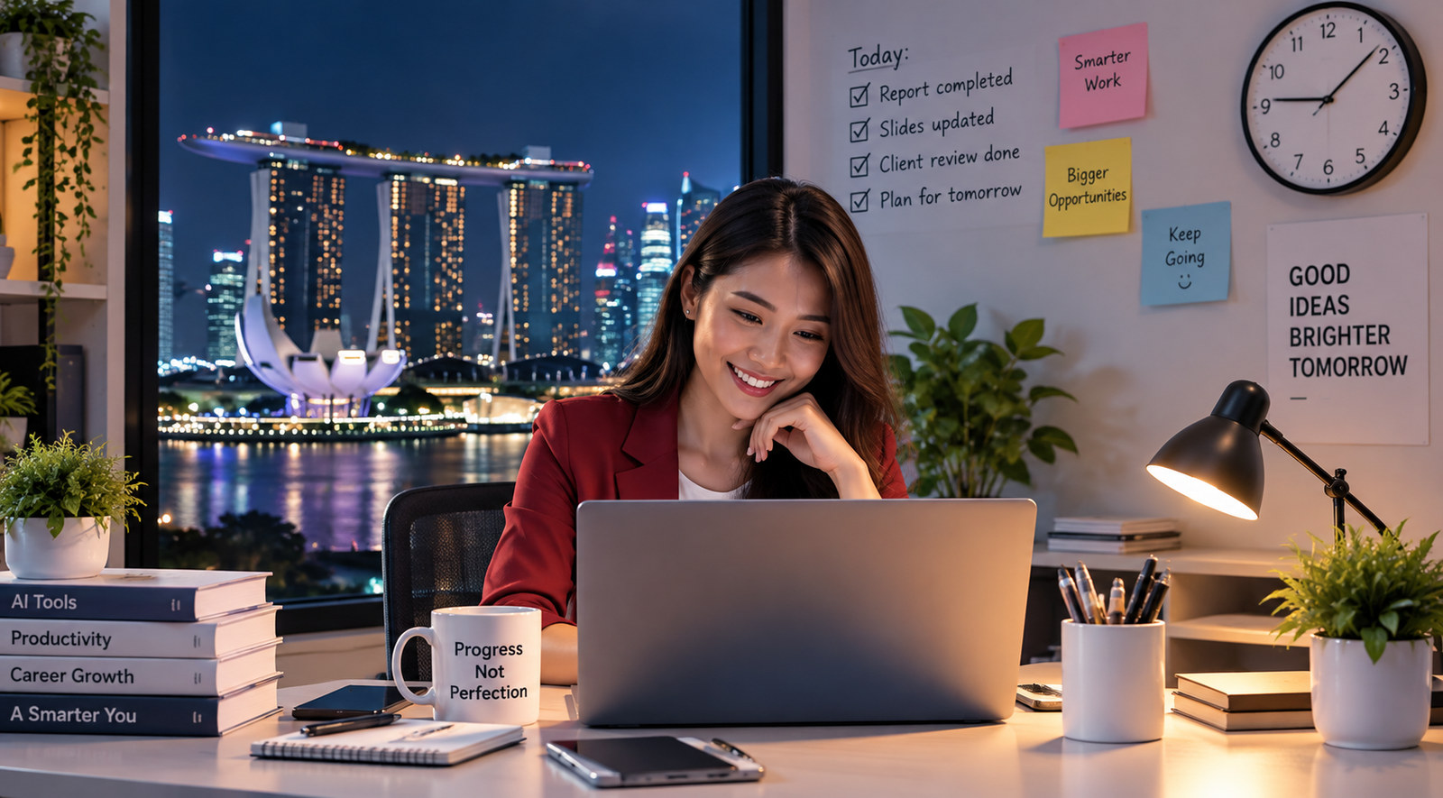 The same professional smiling at her laptop at a tidy desk, with her course certificate on the wall and the Singapore skyline outside
