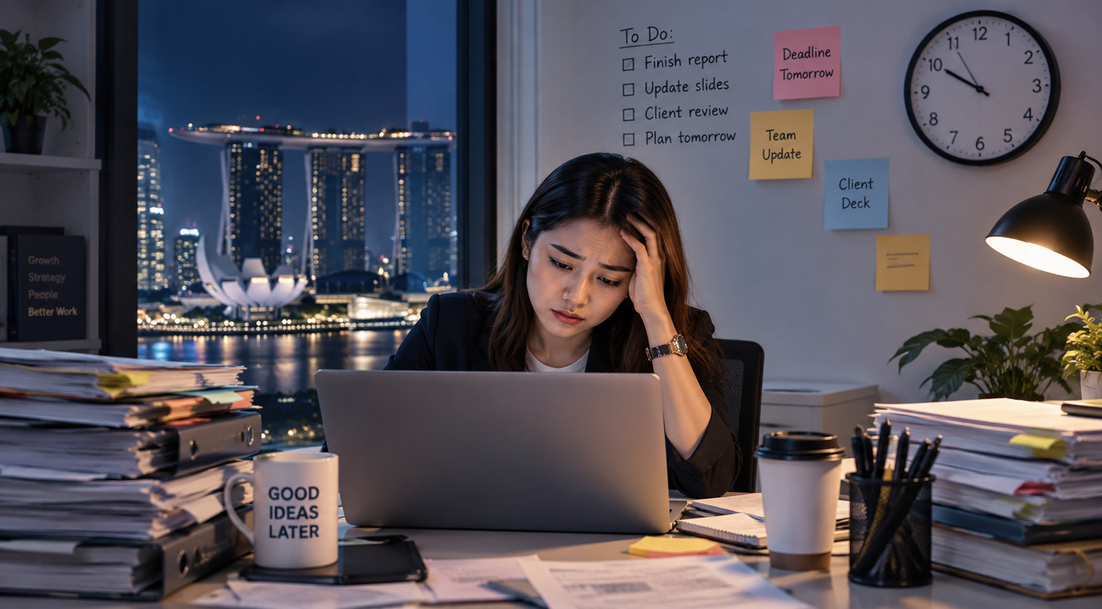 A stressed professional at her desk, buried in paperwork and sticky notes on a rainy evening