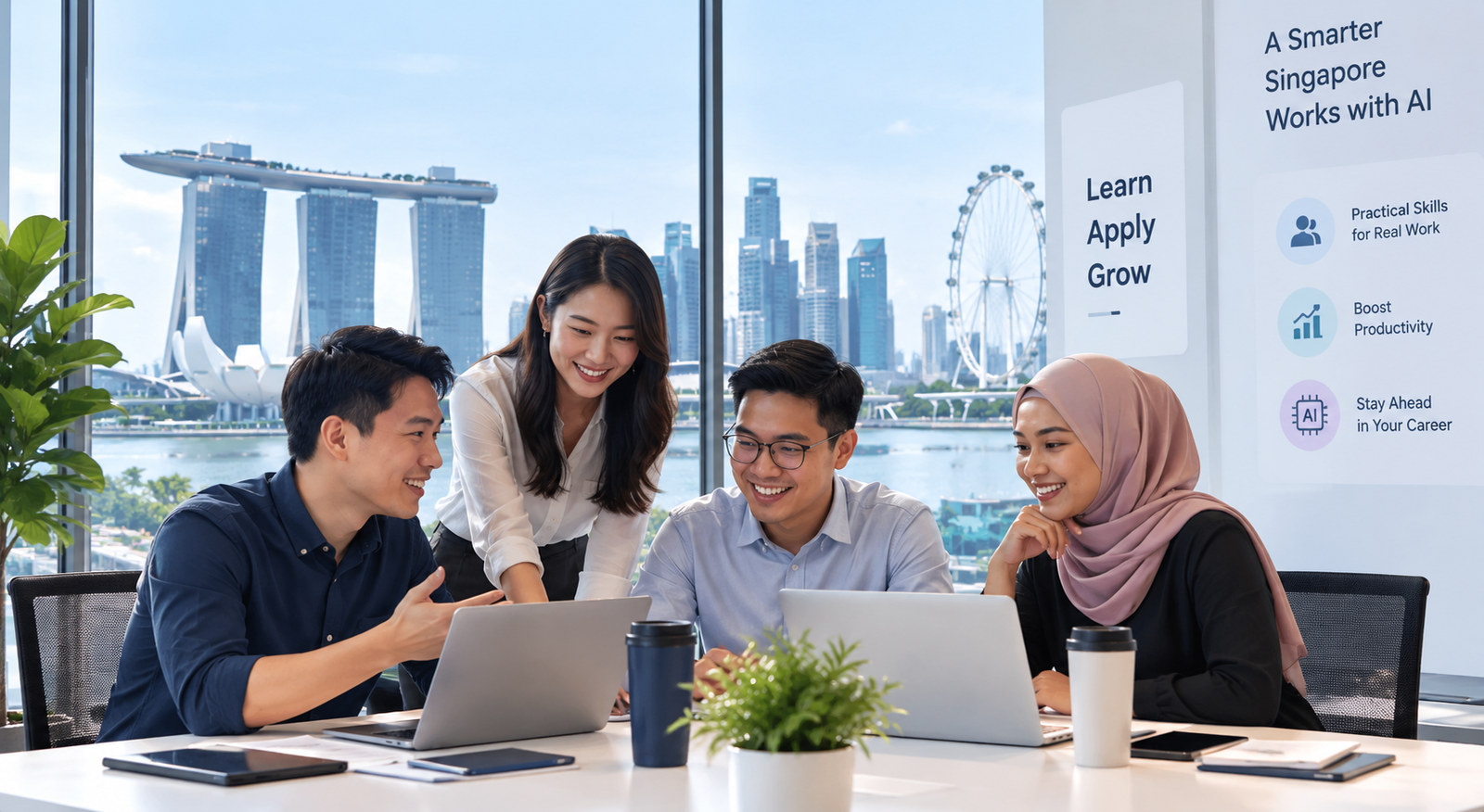 Three colleagues in a Singapore office smiling at their laptops, with Marina Bay Sands, the Supertrees and the Singapore Flyer visible through the window