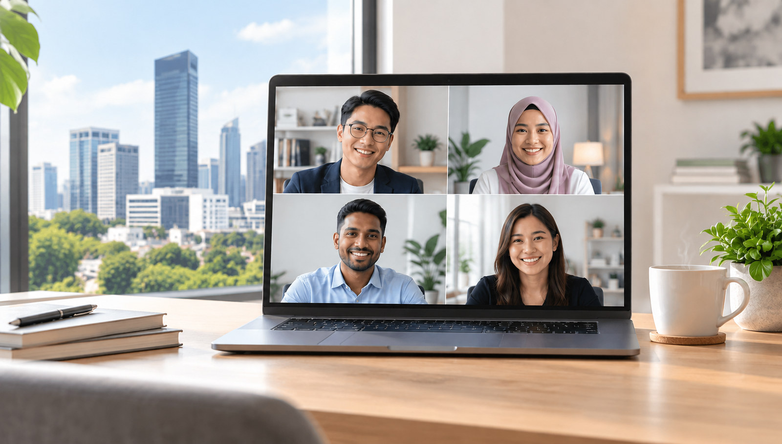 A live online class on a laptop, with four learners and the trainer on a video call, and colourful HDB flats outside the window