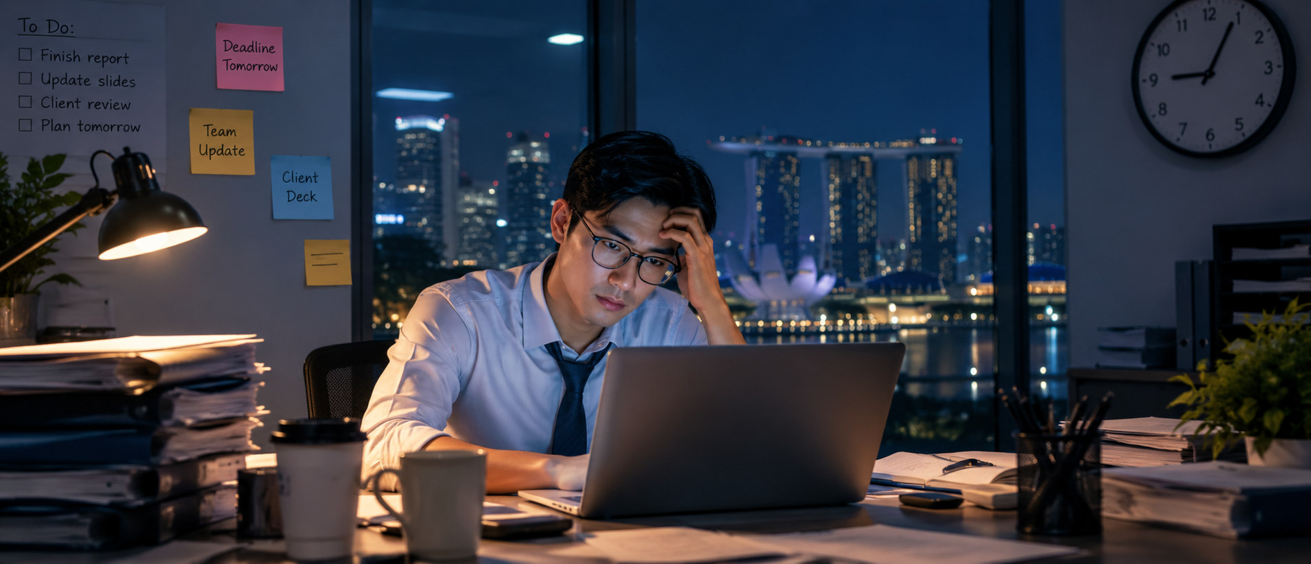 A tired office worker in Singapore still at his laptop at night, surrounded by paperwork and coffee cups, with the city lit up outside