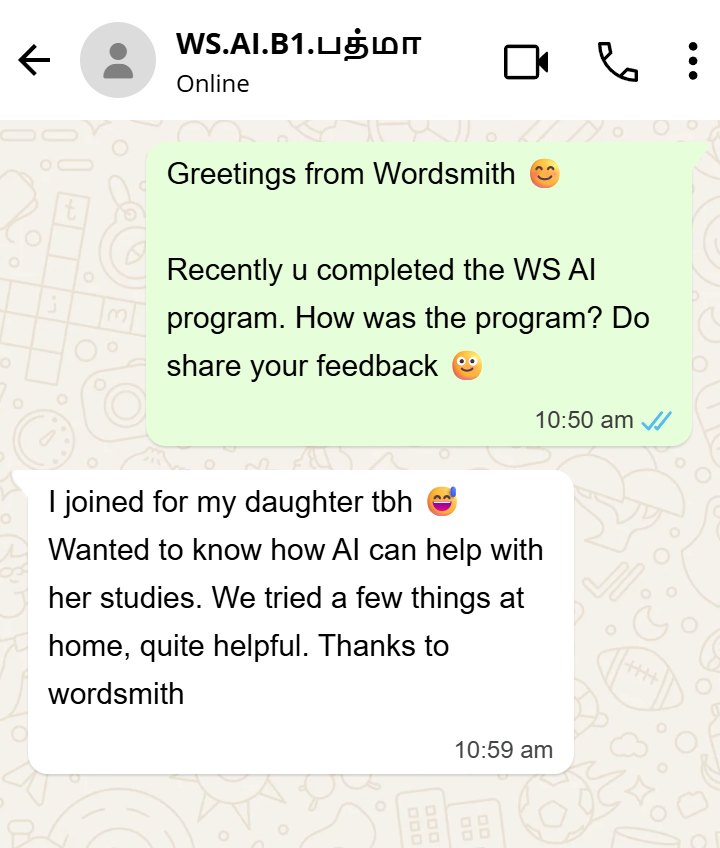 WhatsApp screenshot. Feedback from a parent whose daughter used what they learned at home.