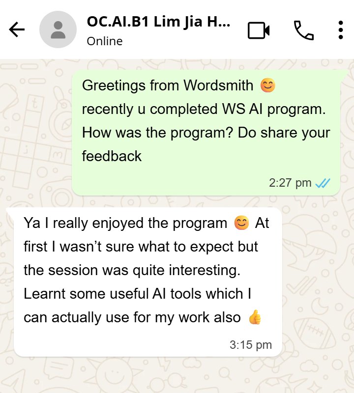 WhatsApp screenshot. Feedback from a participant who learnt AI tools to use at work.
