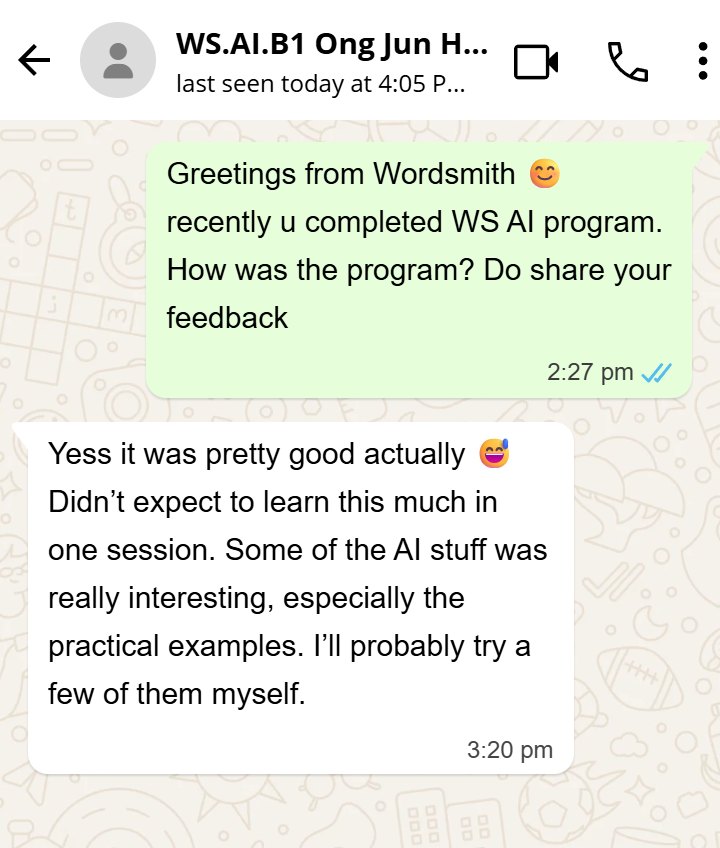 WhatsApp screenshot. Feedback from a participant who enjoyed the practical examples.