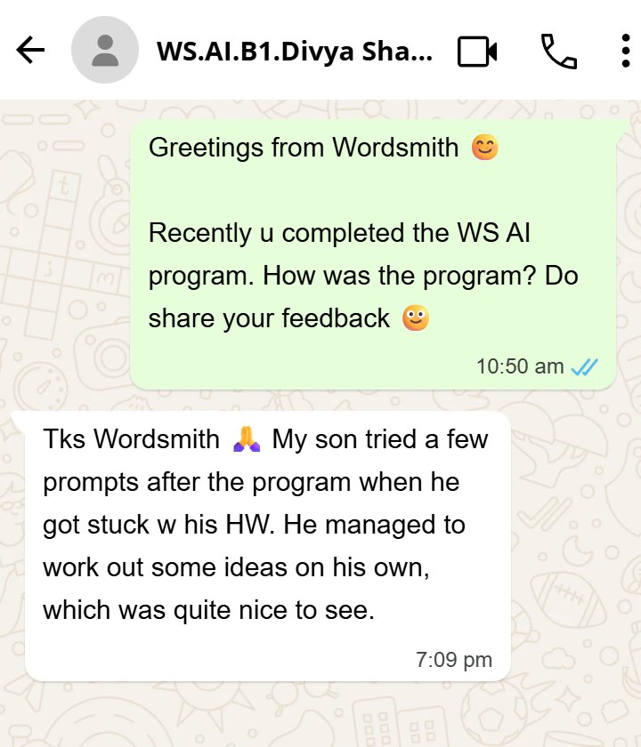 WhatsApp screenshot. Feedback from a parent whose son tried prompts for his homework.