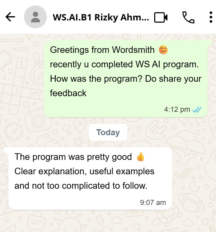 WhatsApp screenshot. Feedback from a participant who found the explanations clear and the examples useful.
