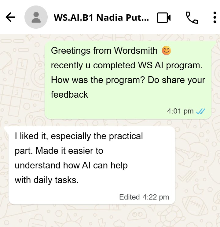 WhatsApp screenshot. Feedback from a participant who valued the practical part.