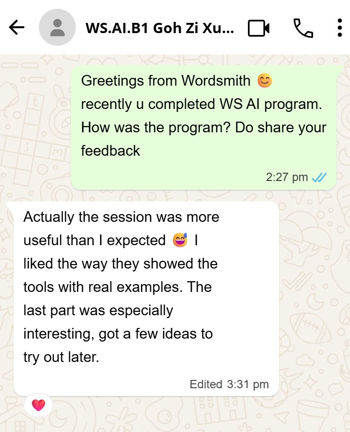 WhatsApp screenshot. Feedback from a participant who liked the real examples of AI tools.