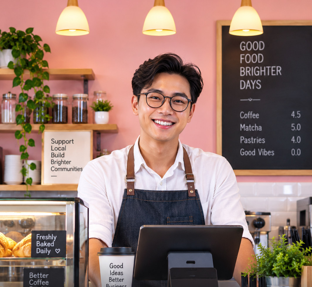 A cafe owner in a colourful Peranakan shophouse cafe, smiling behind the counter