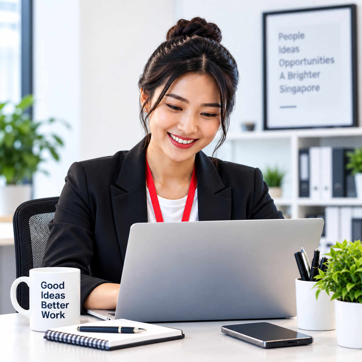 A smiling office professional with a staff lanyard at her laptop, with the Singapore skyline behind her