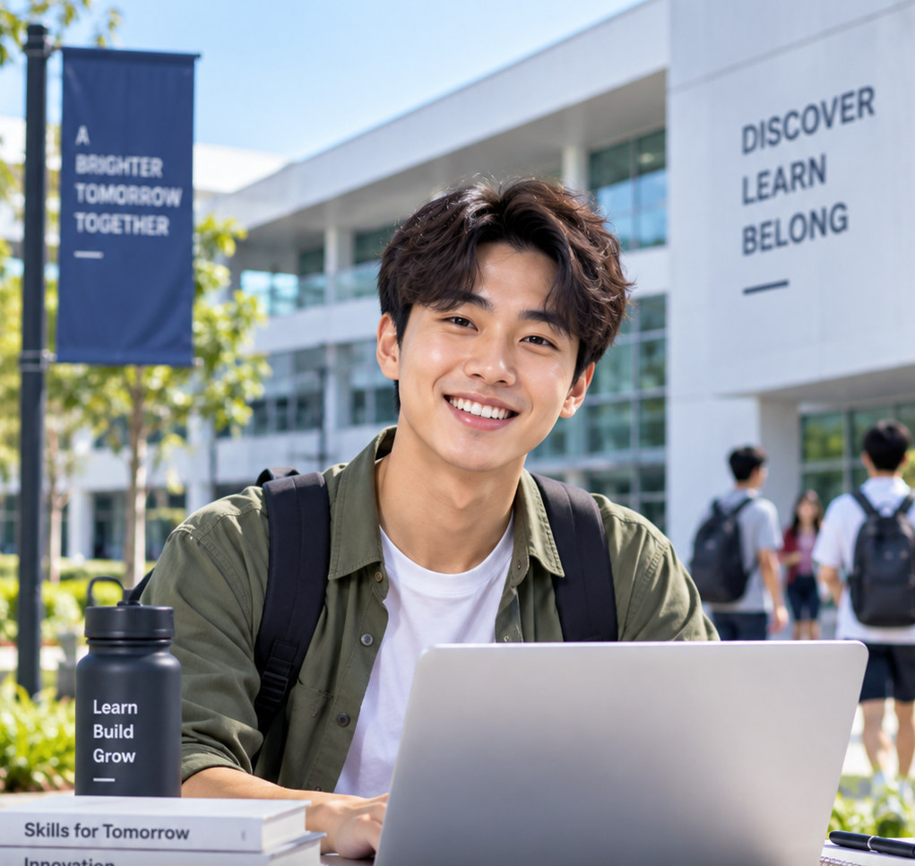 A polytechnic student with a backpack and laptop in front of a campus building and HDB flats