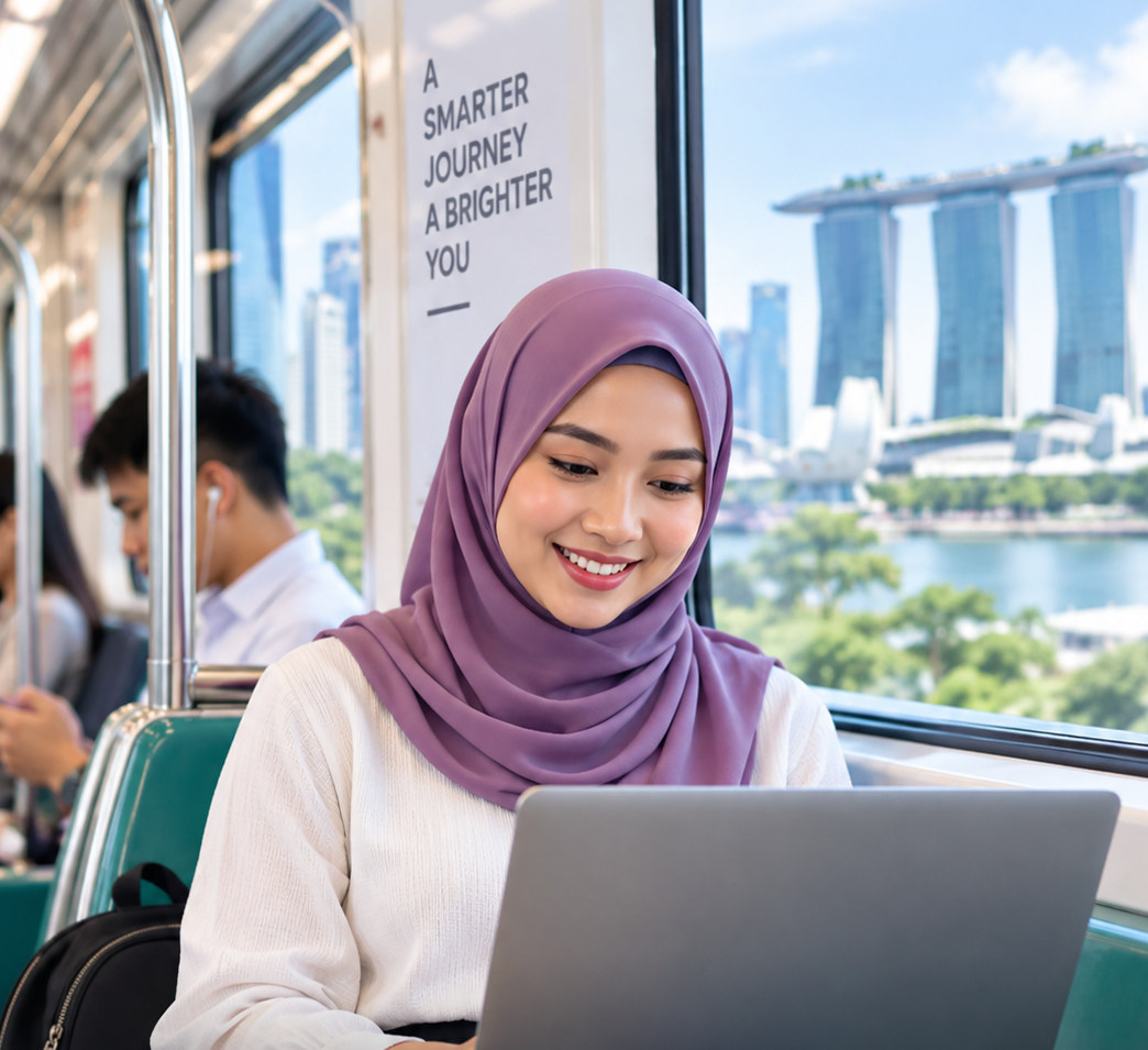A woman in a hijab with a laptop and bag on an MRT platform, smiling on her commute